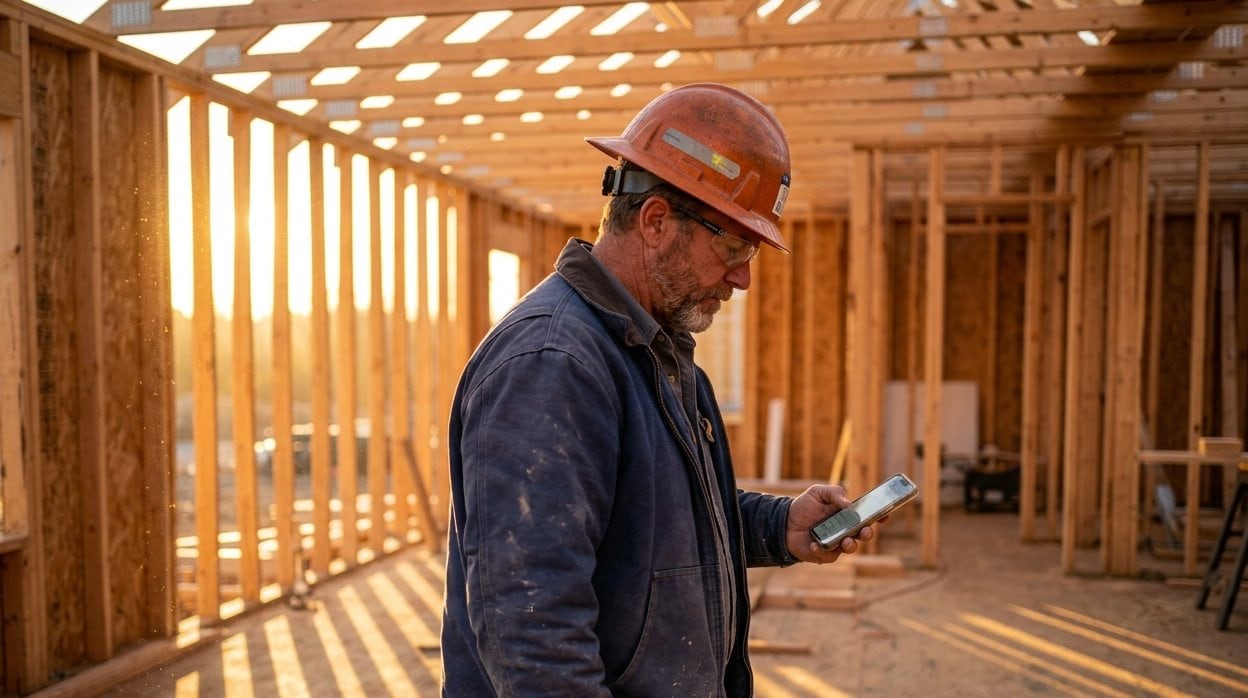 A contractor in an orange hard hat checking his phone inside a timber-framed house at sunset