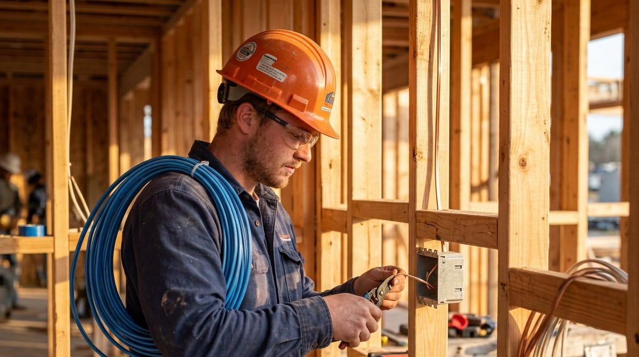 An electrician in an orange hard hat wiring an outlet box in a partly framed wall, coils of cable over one shoulder