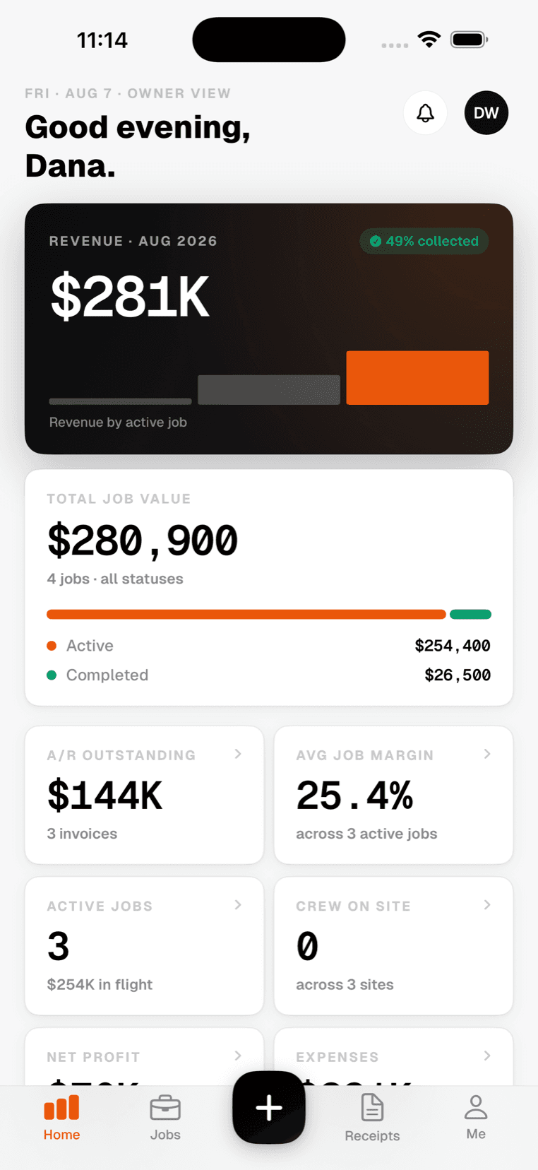 SiteLedger on iPhone: the owner's home screen, showing revenue this year, the value of the book of work, average margin and the balance still owed.
